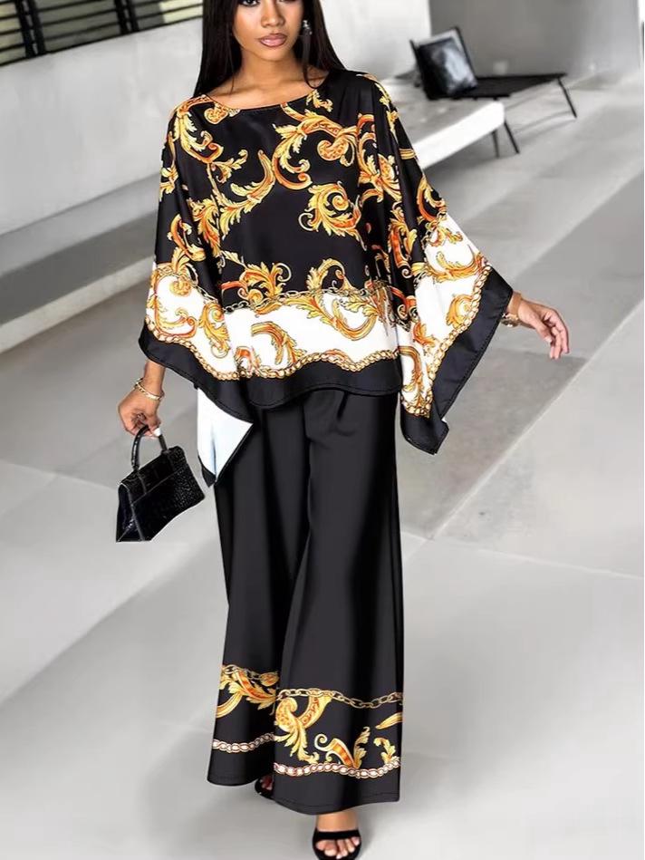 Baroque Print Batwing Sleeve Top & Elastic Waist Pants Set