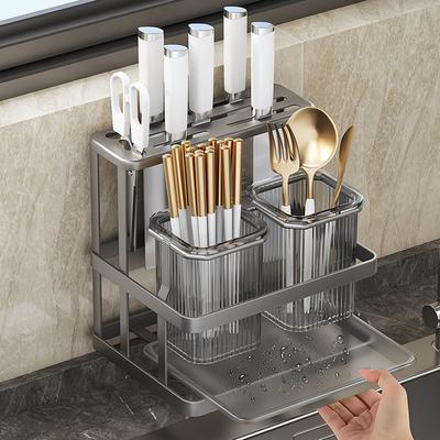 Organisateur de couverts de cuisine mural Porte-égouttoir pour couteau, cuillère, fourchette, baguettes Rangement pour ustensiles de cuisine Sans perçage NOUVEAU