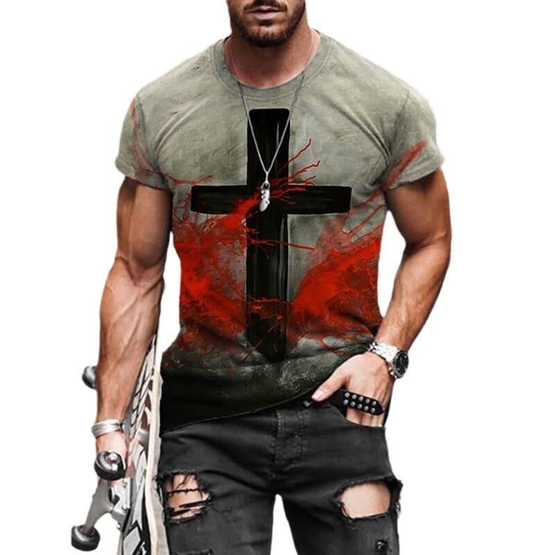 2024 Summer Retro Cross Pattern New Short Sleeved Round Neck Printed Men's T-shirt