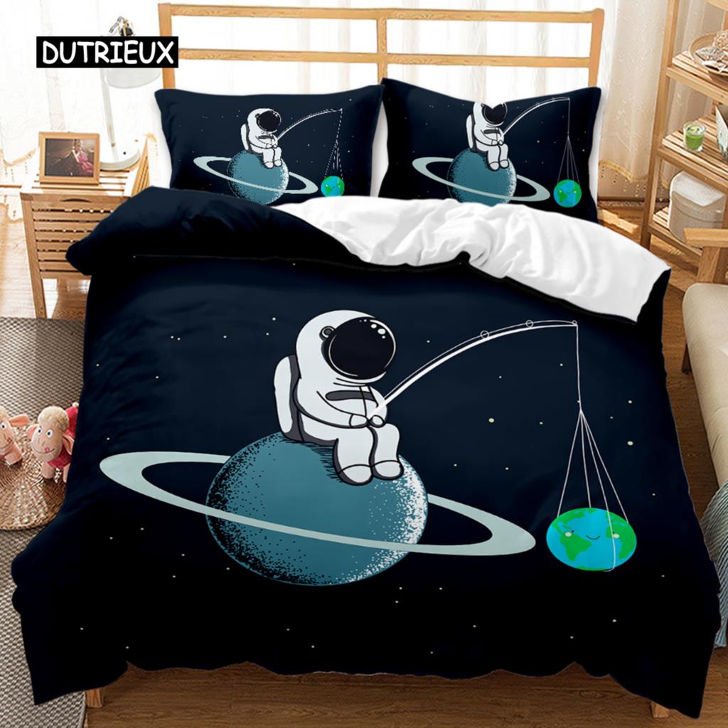 Astronaut Duvet Cover Set Outer Space Tourist Comforter Cover Set for Kids Boys Universe Planet Polyester Quilt Cover Queen King
