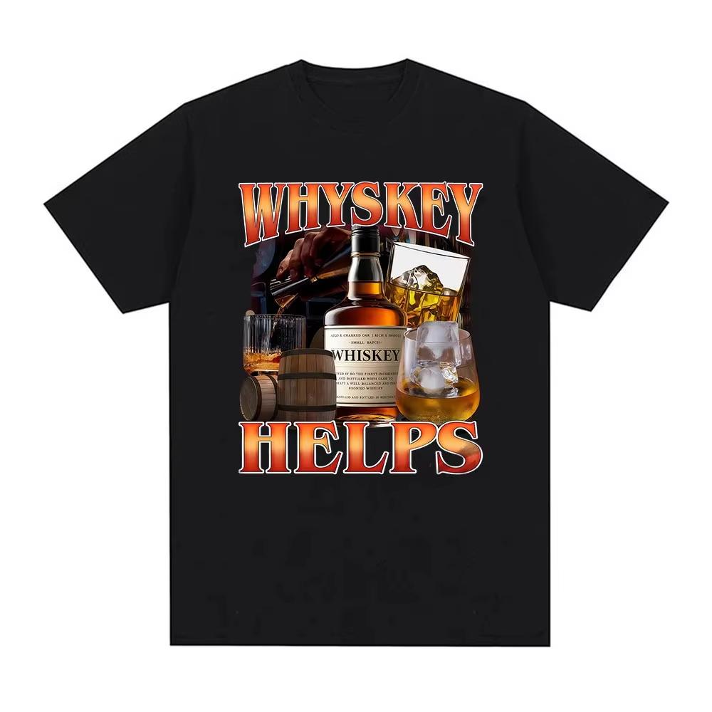 Whiskey Helps Funny Meme T-shirt Men s Clothing Fashion O-Neck Short Sleeve T-shirts Unisex Vintage High Quality Cotton T Shirt S разноцветный