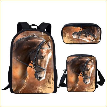 Grassland horse pattern three piece backpack pencil case shoulder bag casual 3D printed backpack set
