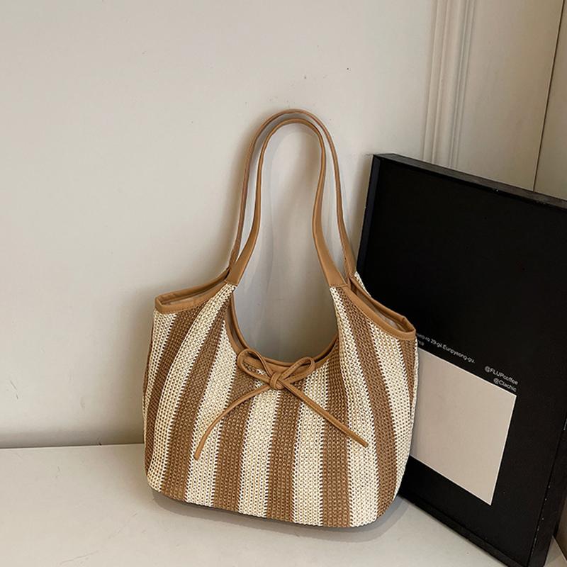Women Straw Tote Handbag with Bow Weaving Travel Handbag Large Capacity Simple Shoulder Bag Female Woven Bag