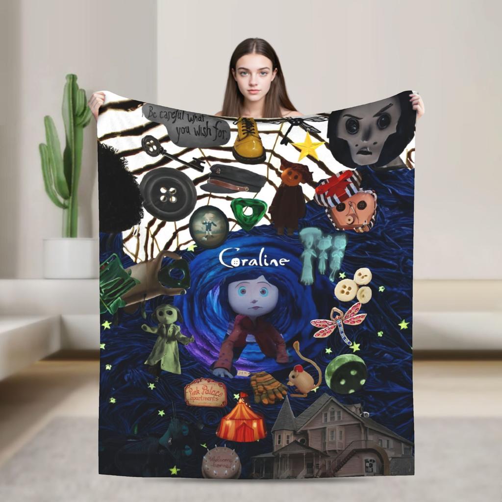 Coraline Halloween Horror Blankets Fleece Print   Multifunction Lightweight Throw Blankets for Bed Bedroom Bedspread