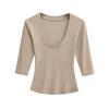 Women's Spicy Girl Deep U-Neck Sexy T-Shirt: Summer Slim-Fit, Elastic Mid-Sleeve, Pure Desire Top