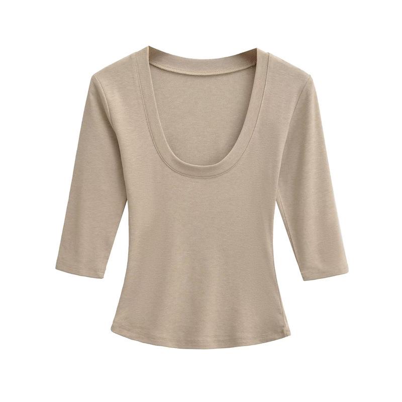 Women's Spicy Girl Deep U-Neck Sexy T-Shirt: Summer Slim-Fit, Elastic Mid-Sleeve, Pure Desire Top