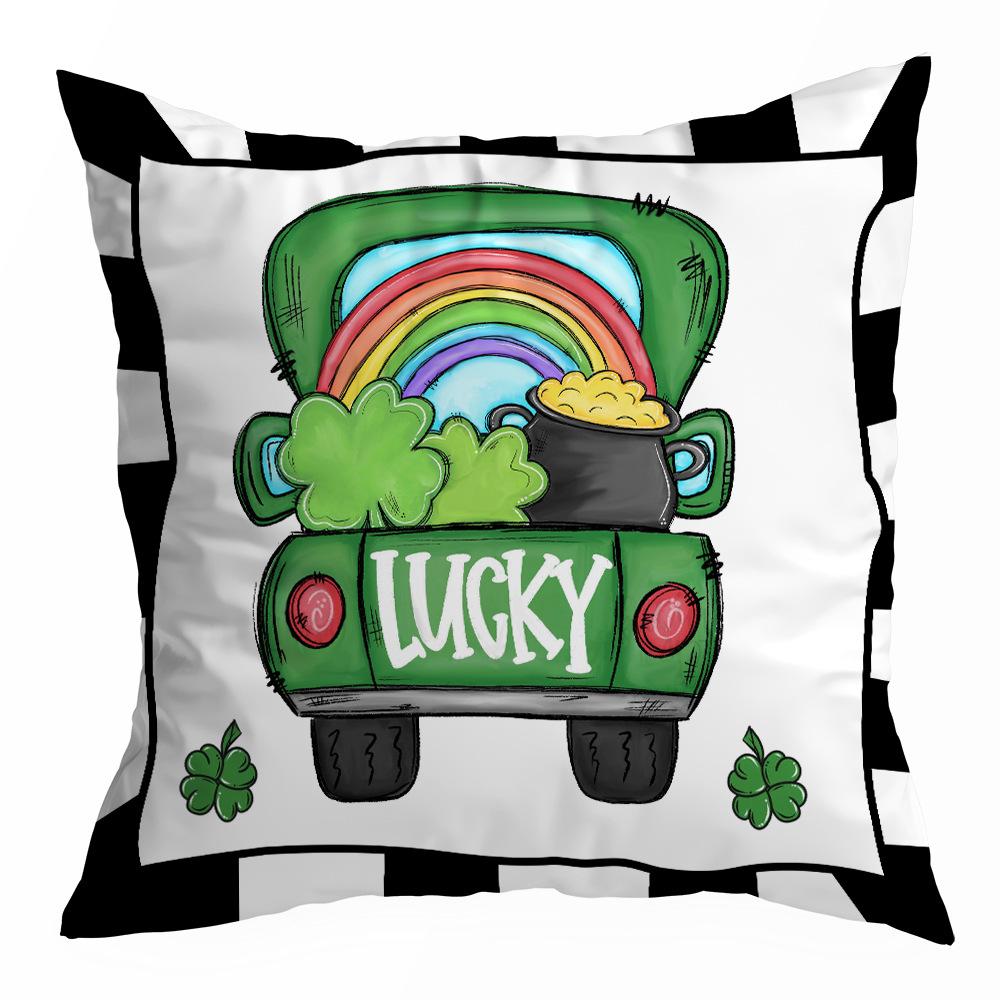 St. Patrick's Day Peach Skin Velvet Pillowcase, Green Four-leaf Clover Printed Sofa Pillow Cushion