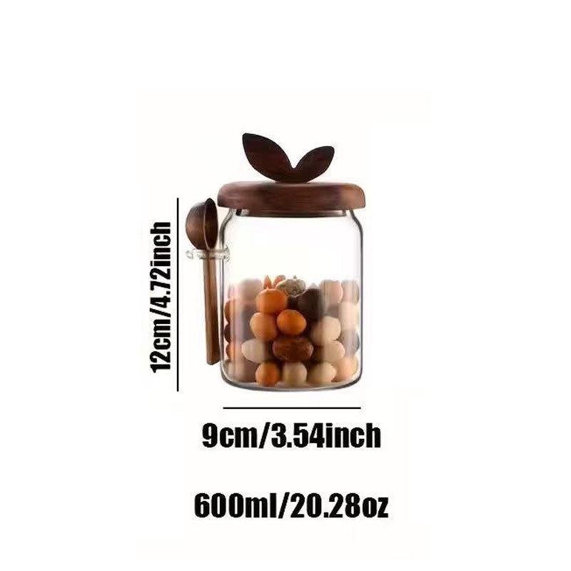 Home Kitchen Transparent Glass Sealed Jar With Spoon Leaf Wooden Lid Coffee Bean Moisture Proof Spice Storage Container