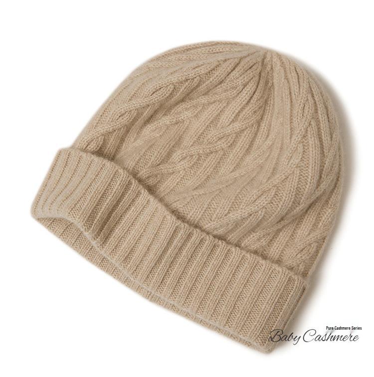 Women's Warm Cable Knit Turn-up Hat - Pure Cashmere, Ear Protection, Windproof, Solid Color for Autumn/Winter