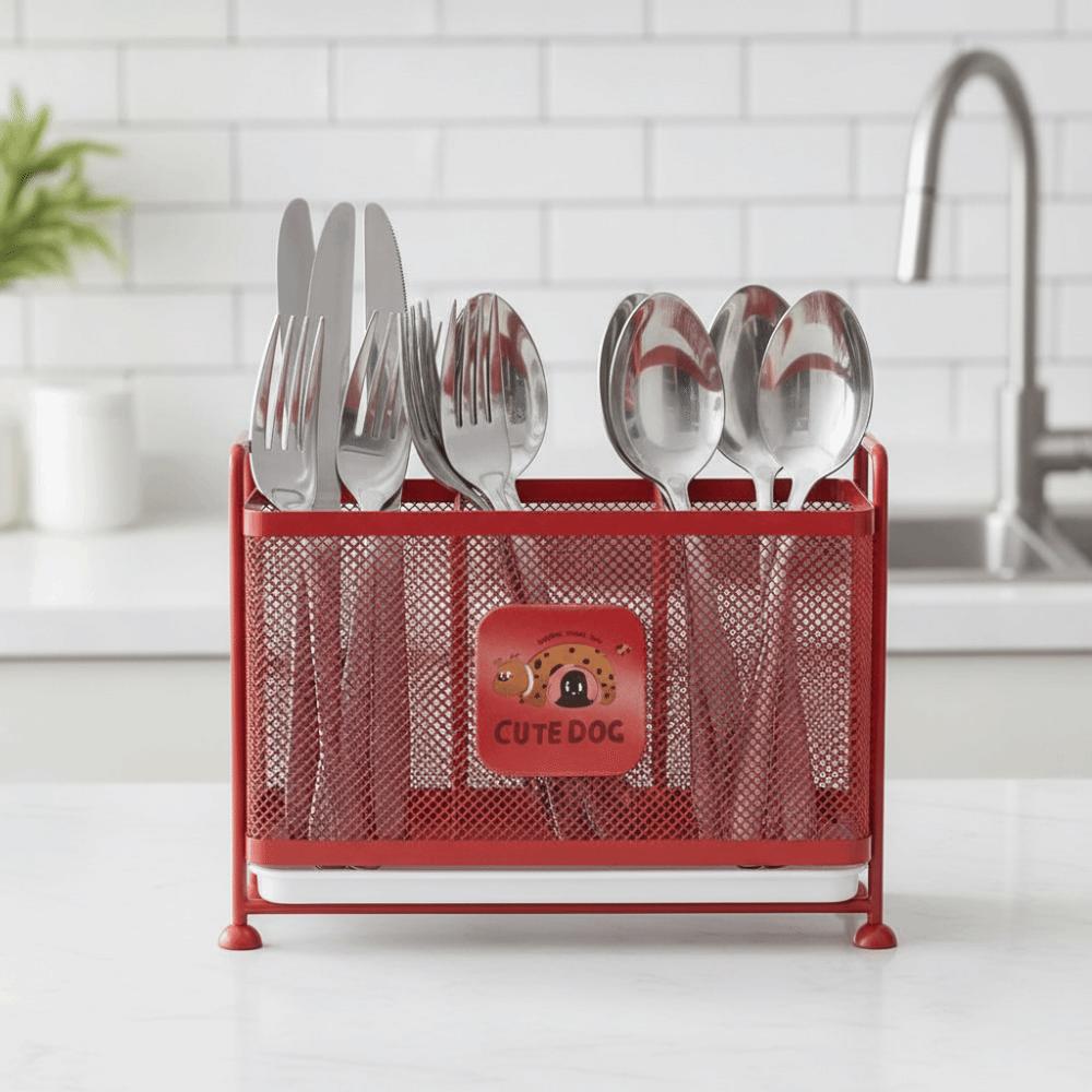 3 Grid Cutlery Drain Rack with Drip Tray Kitchen Utensil Storage Basket Spoon Fork
