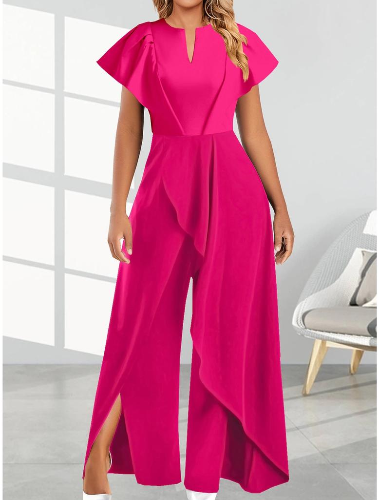 Women's V-Neck Asymmetrical Ruffle Shoulder Wide Leg Jumpsuit