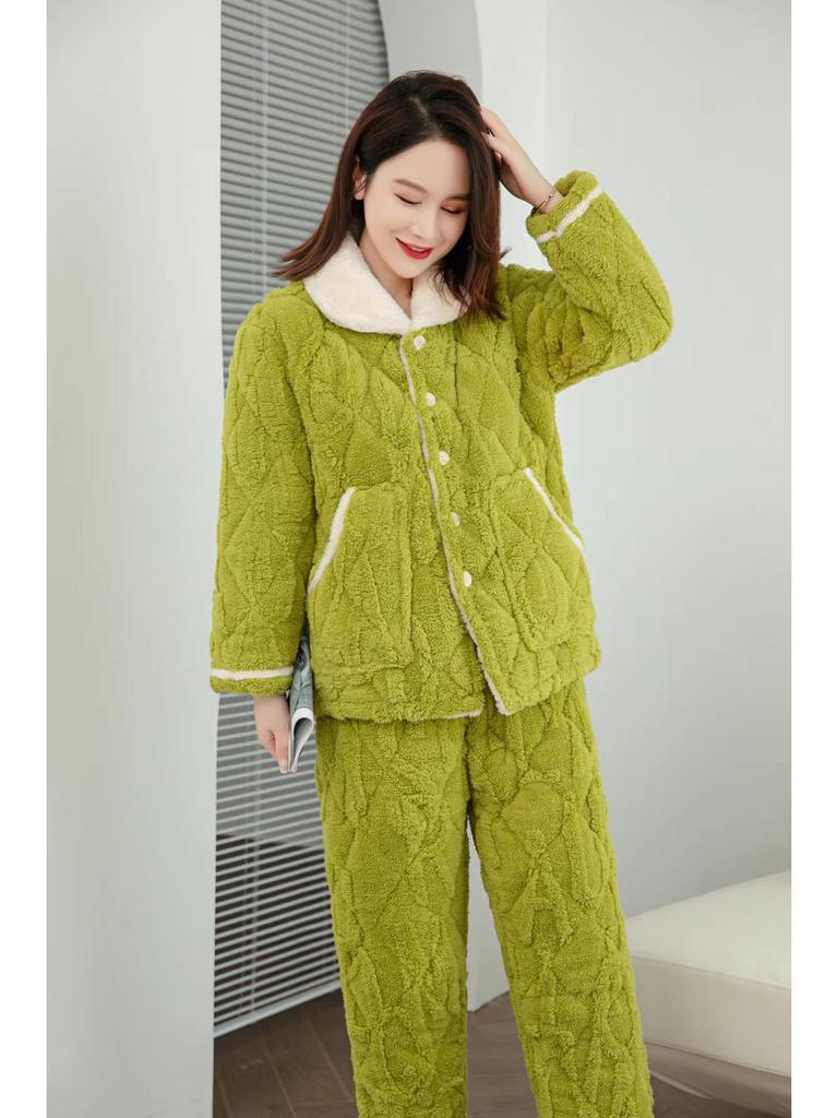 Women's Thick Flannel Pajamas - Plus Size, Wearable Outside or At Home, Autumn/Winter Set