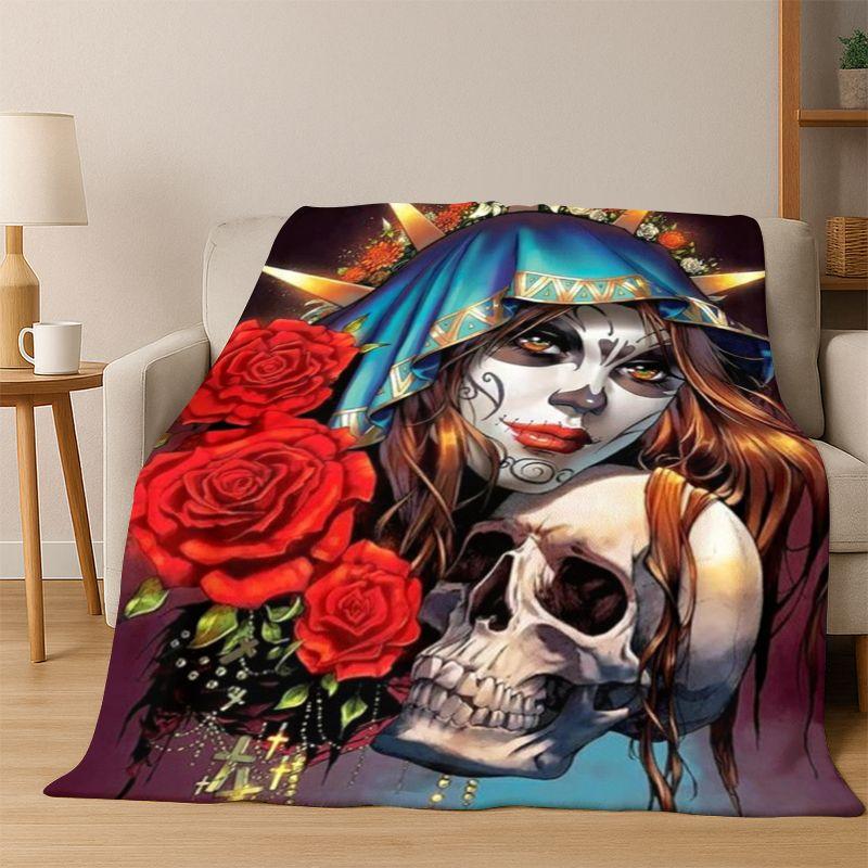 Gothic Skull Dead Girl Cartoon Horror Flannel Blanket Soft Warm Throw Blanket for Bedroom Living Room Bed Travel Camping Picnic