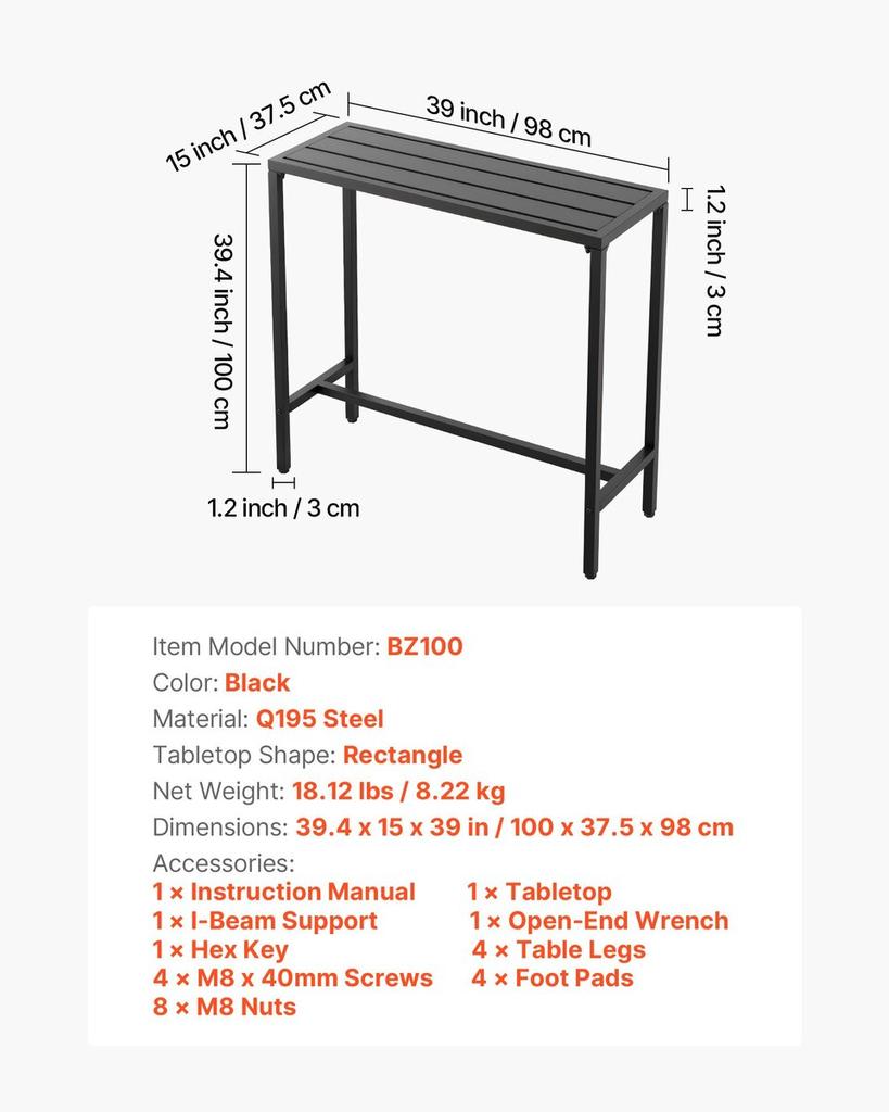 Outdoor Bar Table, 100 X 37.5 Cm Patio Bar Table, Waterproof Top & Sturdy Metal Frame, Rectangle Counter Height Dining Tables, Outdoor Furniture for