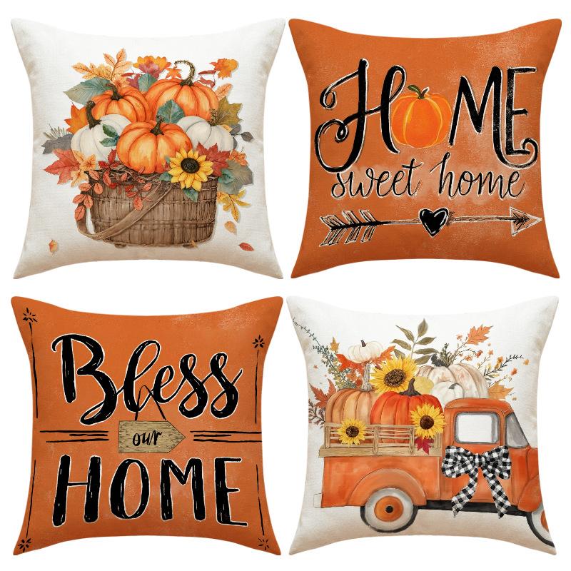 Thanksgiving Pillow Covers,Pumpkin & Autumn Leaf Design, Soft Flannel Sofa Cushion Covers for Home Decor,45x45cm, No Pillow Insert