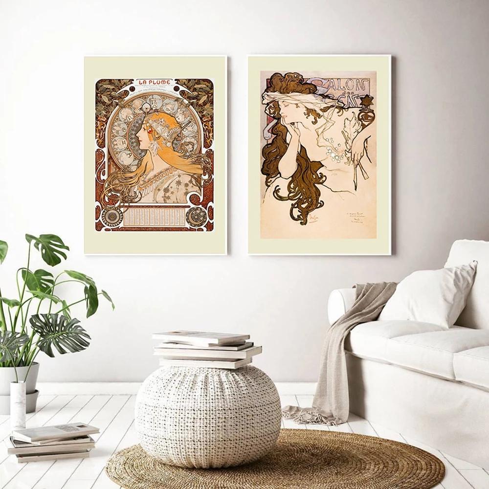 Cornice in legno massello Alphonse Mucha Poster e stampe su tela Vintage Figue Woman Canvas Painting Art on The Wall Pictures per soggiorno Home Decor