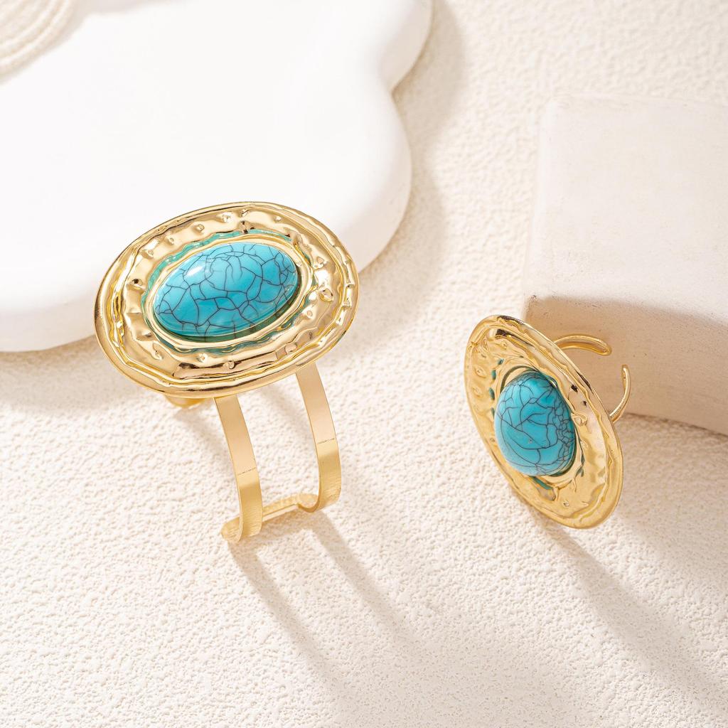 Exquisite Retro Blue Turquoise Bracelet and Ring Set - Women's Unique Gold Jewelry