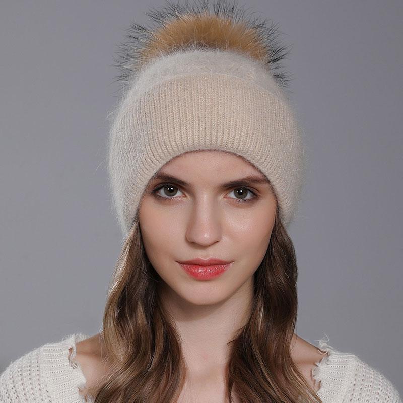 New Natural Raccoon Fur Pompom Knit Hat For Women Warm Angora Rabbit Bonnet Women's Winter Fleece Hats Casual Female Caps