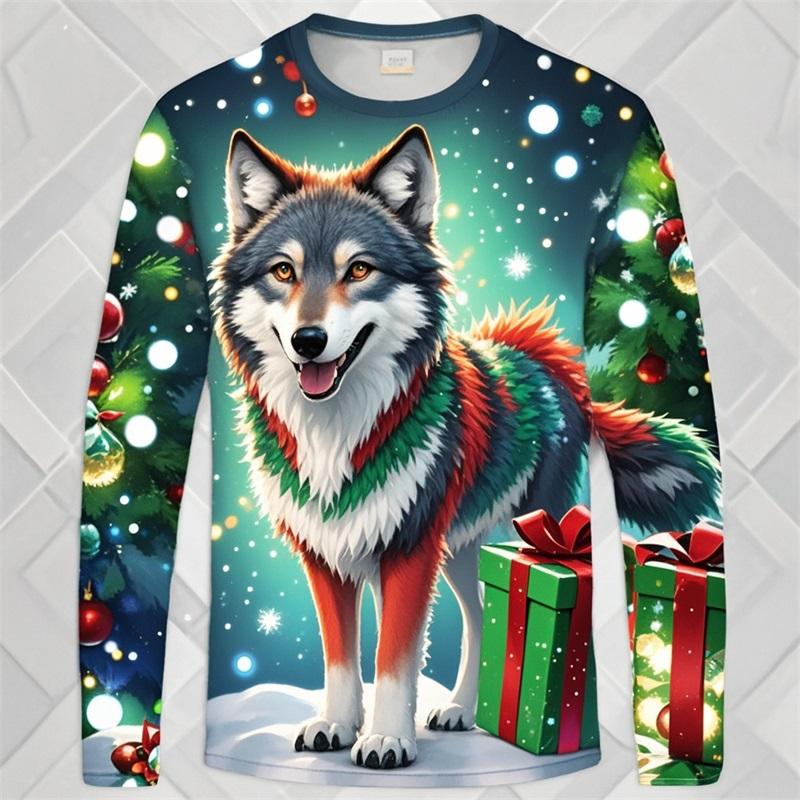 

Funny 3D Animal Print Long Sleeve T-Shirt For Men Women Husky Lion Tiger Pattern Round Neck Pullover Christmas Theme Unisex Tops S