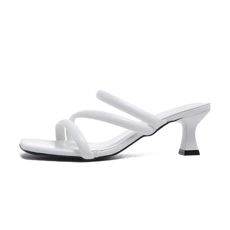 New outer wear fashion high-heeled slippers women's 2025 summer square head French word with thin high-heeled cool slippers women