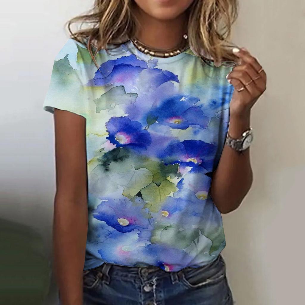 Letní dámské tričko s kulatým výstřihem, 3D květinovým vícebarevným gradientním potiskem, módní, ležérní, s krátkým rukávem