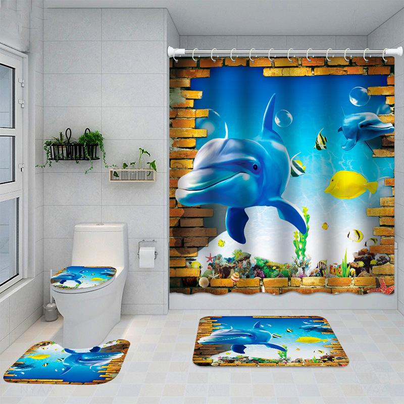 Dolphin 3D Digital Printing Shower Curtain Shower Curtain Dolphin Non-Slip Mat Four-Piece Set