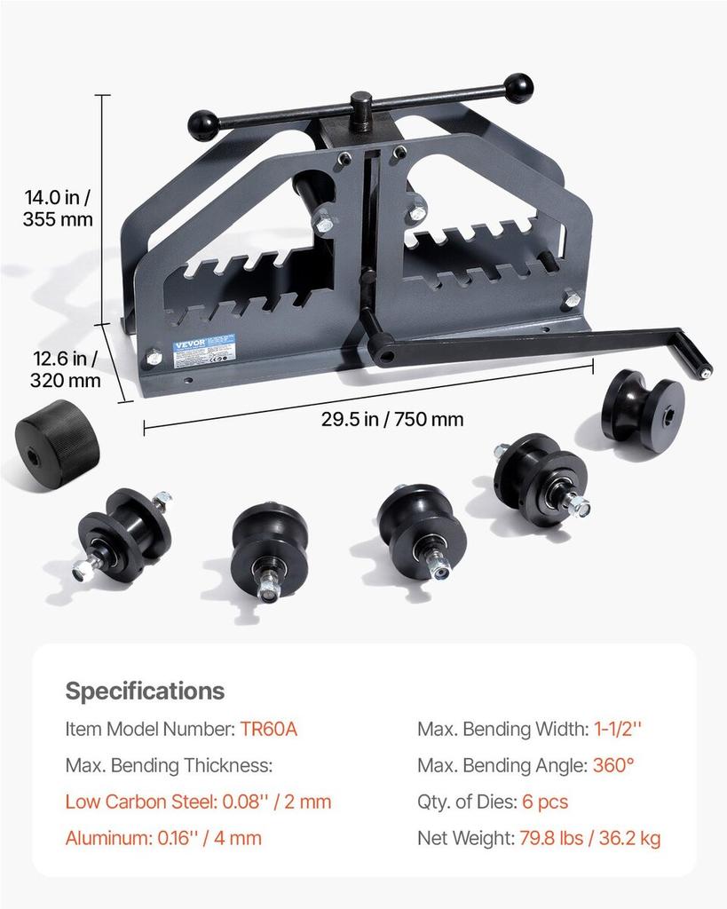 Tube Roller Bender Max 1-1/2" Manual Tube Pipe Roller Bender with 6 Dies