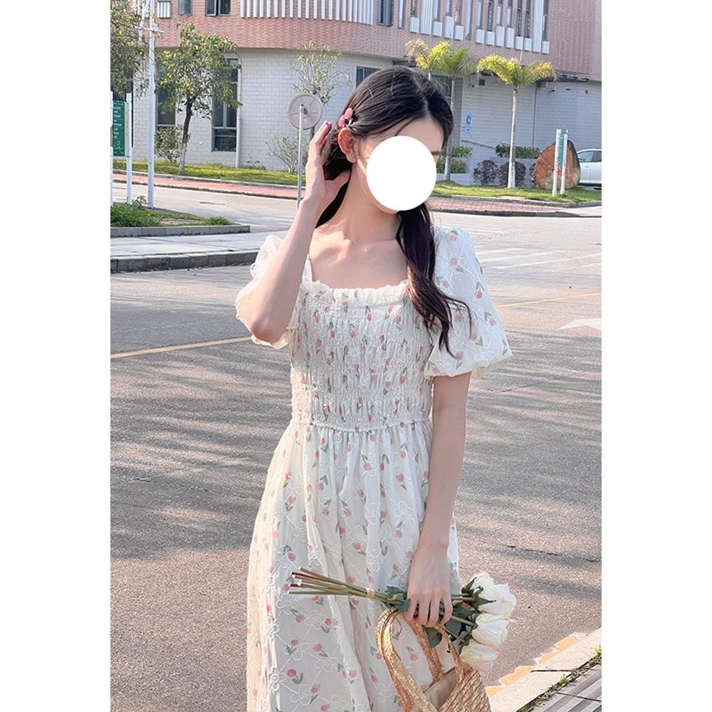 Square collar floral dress women's summer new small Mori super fairy small fresh and thin medium and long skirt