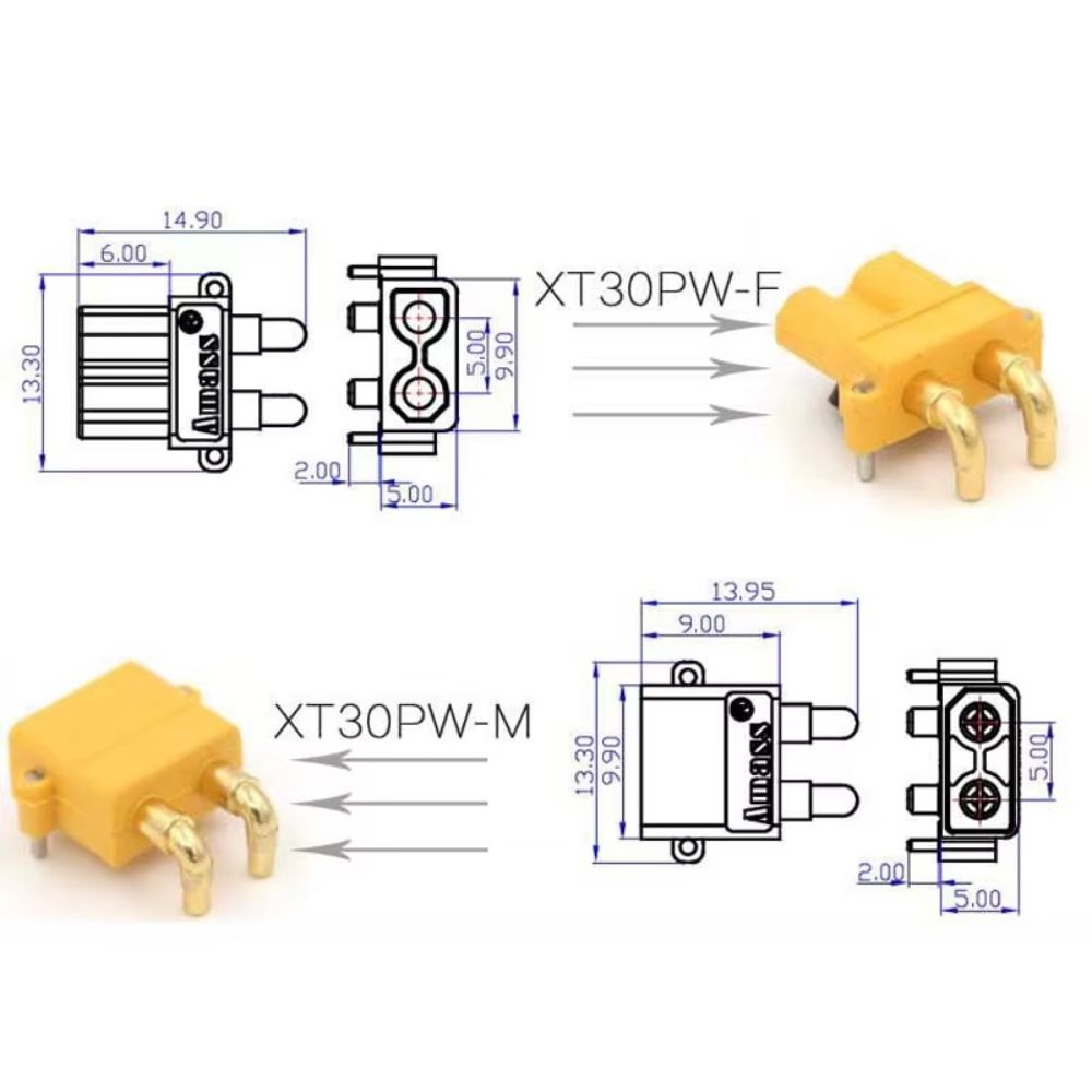 Durable Gold Plated Pin XT30PW Connector Low Resistance PA Insulation Housing PCB Mount Plug Lipo Battery Plug RC Drone Model