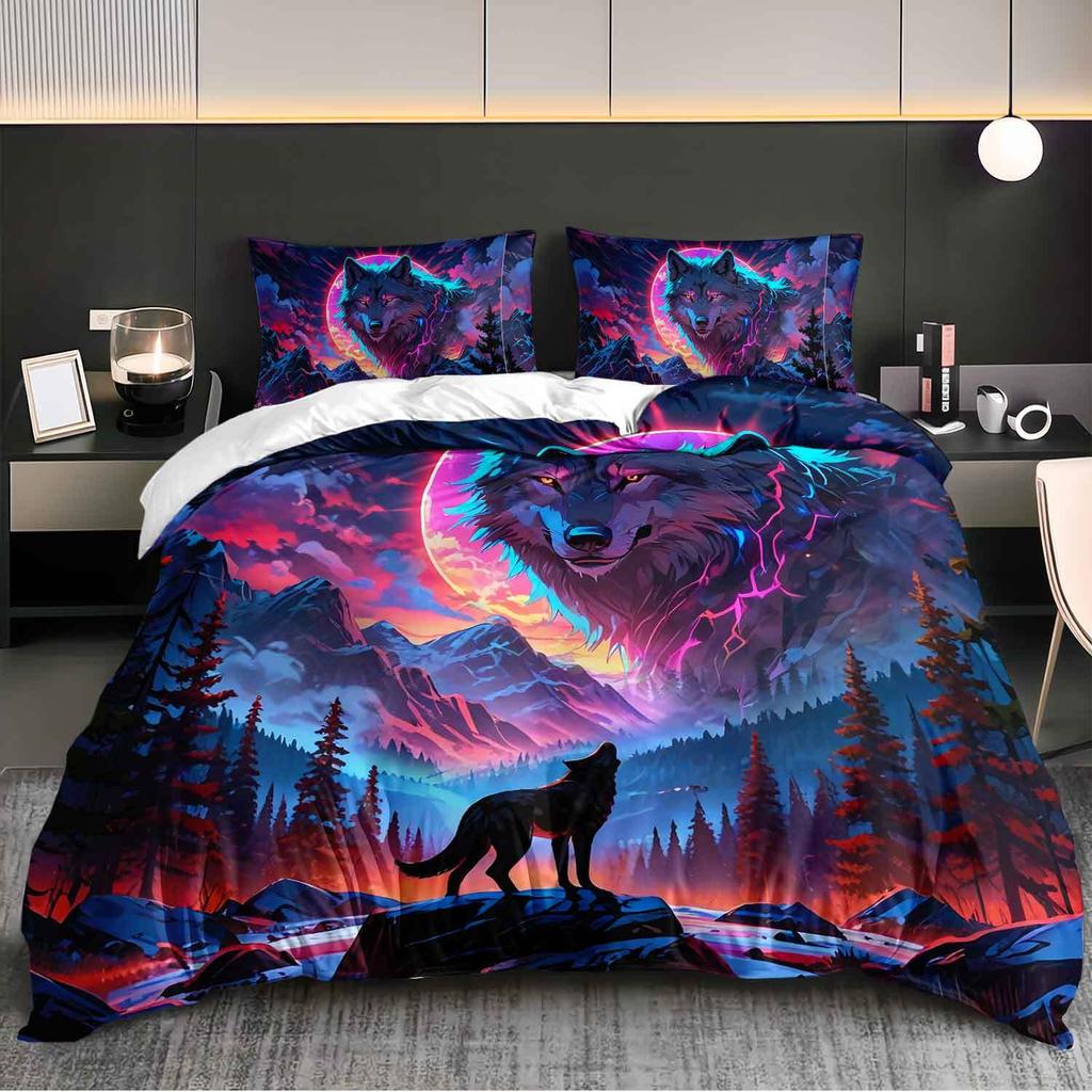 3pcs Wolf Animal Bedding Duvet Cover Set Aurora Bedding Quilt Set Wild Wolf Themed Bed Quilt Set Animal Landscape Bedroom Decor