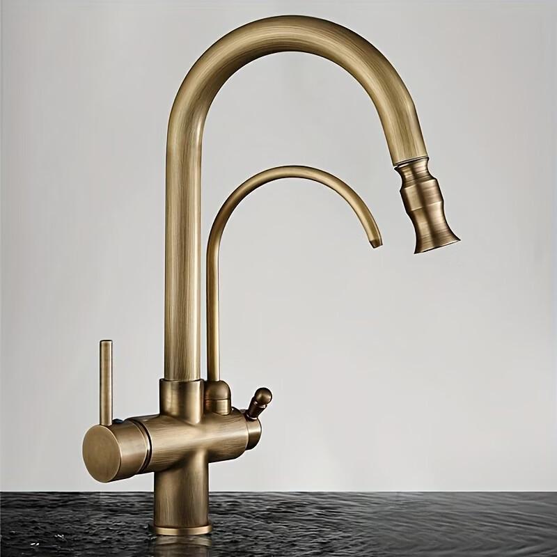 TLXT Antique 3-in-1 Wall-Mounted Pull-Out Kitchen Faucet