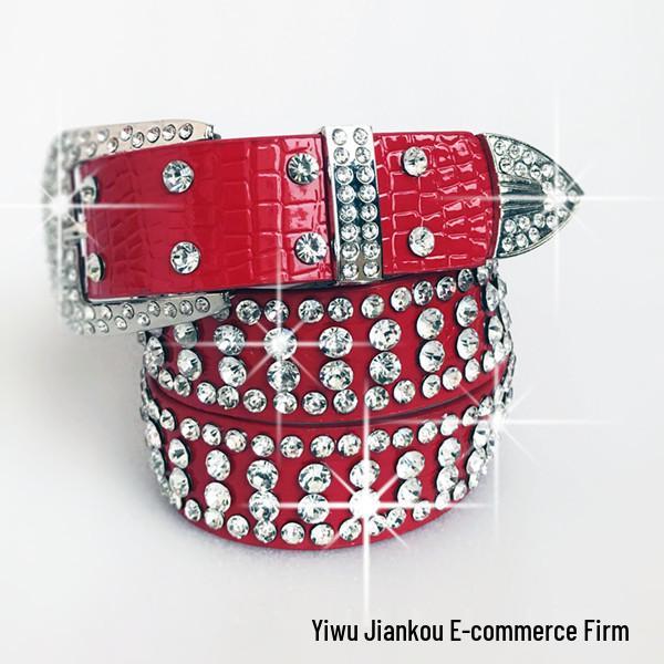 Women's Korean Style PU Leather Belt with Full Rhinestone Design