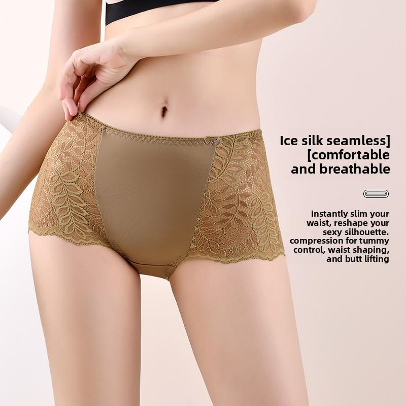 Plus Size Women Sexy Hollow Lace Without Mark Ice Silk High Waist Triangle Briefs