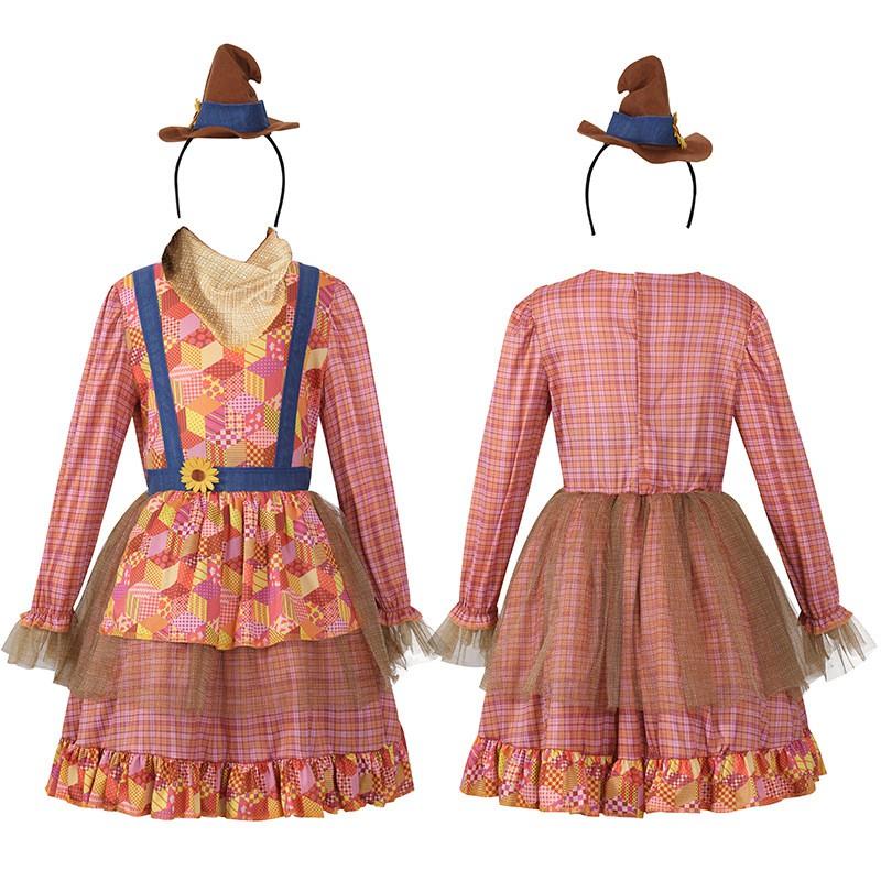 Sweet Vintage Plaid Scarecrow Dress Girls With Sunflower Applique Cosplay Costume School Performance