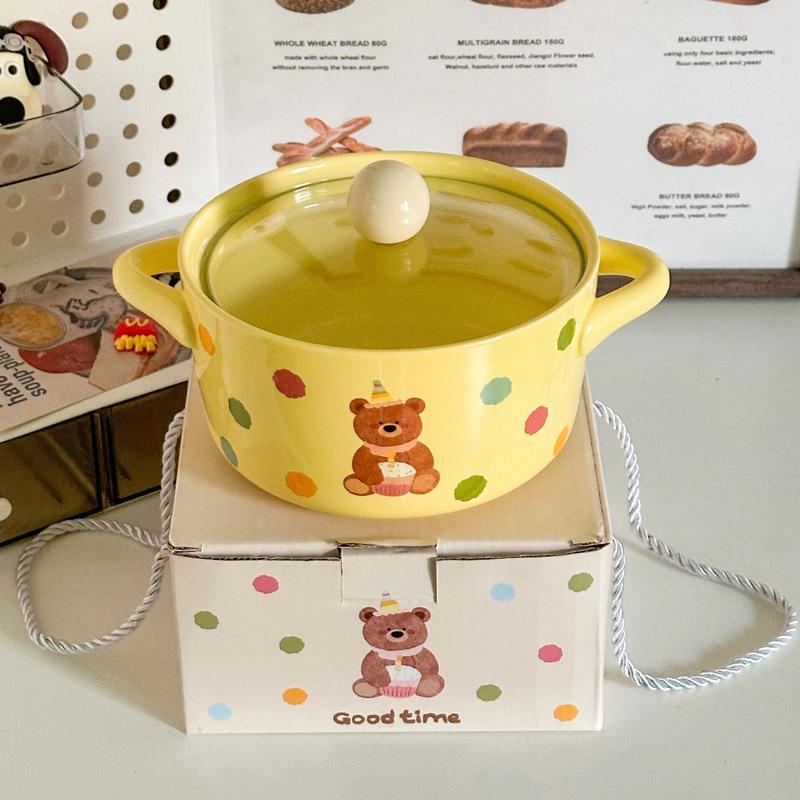 Cute Polka Dot Binaural Instant Noodle Bowl with Cover Student Dormitory Large Capacity Instant Noodle Bowl Personal Special Snail Powder Bowl