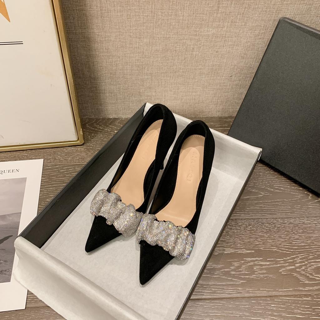 New pointed thin heel rhinestone sexy shallow mouth female king single shoes women's black suede high heels