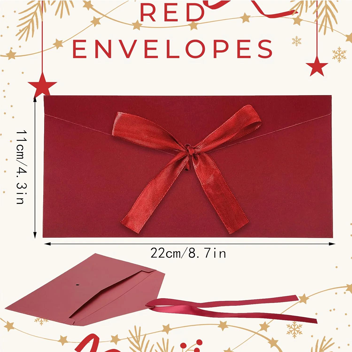 

15/30 Pack Kraft Paper Envelopes with Ribbons, Invitation Envelopes for Festival and Party - Red