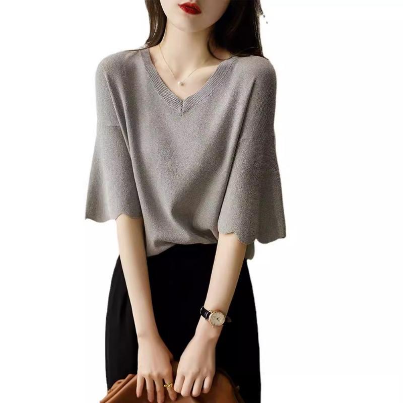 Slight petal sleeve top women's summer knitted loose short-sleeved ice silk knitted sweater thin women's shirt