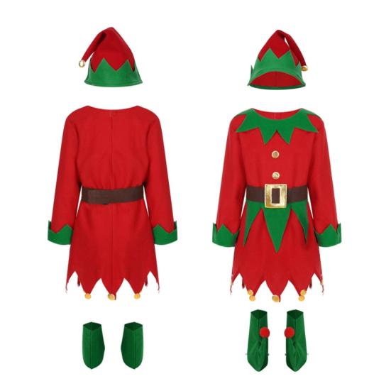 1 Set Christmas Elf Costume Kids Women Elf Outfit Red Green Dress Hat Striped Stockings Elf Ears Shoes Belt Set for Girls Christmas Parties Cosplay