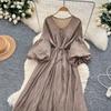 Retro V-Ne Belted Waist Lantern Sve Dr Knee-Length A-Line Midi Dresses Korean Sle Summer Long Dress for Women
