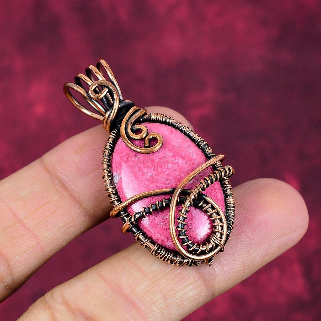 Thulite Gemstone Pendant Copper Wire Wrapped Jewelry Handmade Designer Pendant