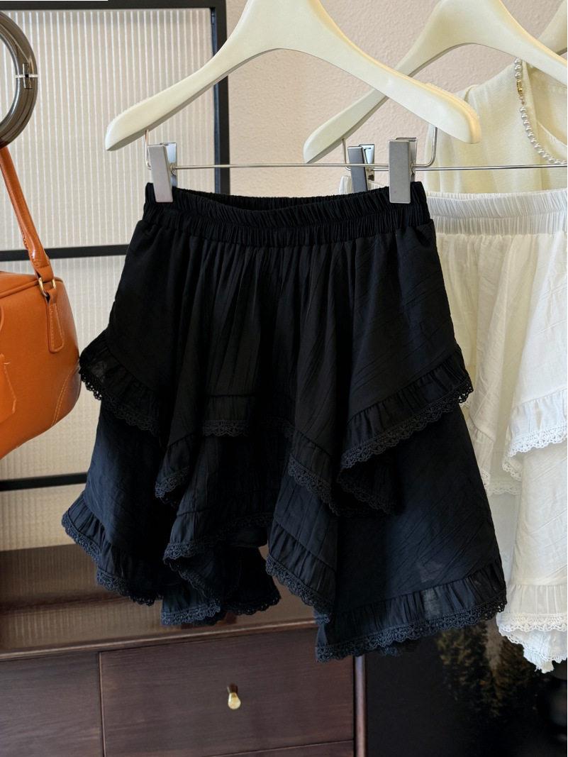2026 Irregular Design Women s High Waist White Lace Patchwork Fluffy Short Skirt One Size чёрный