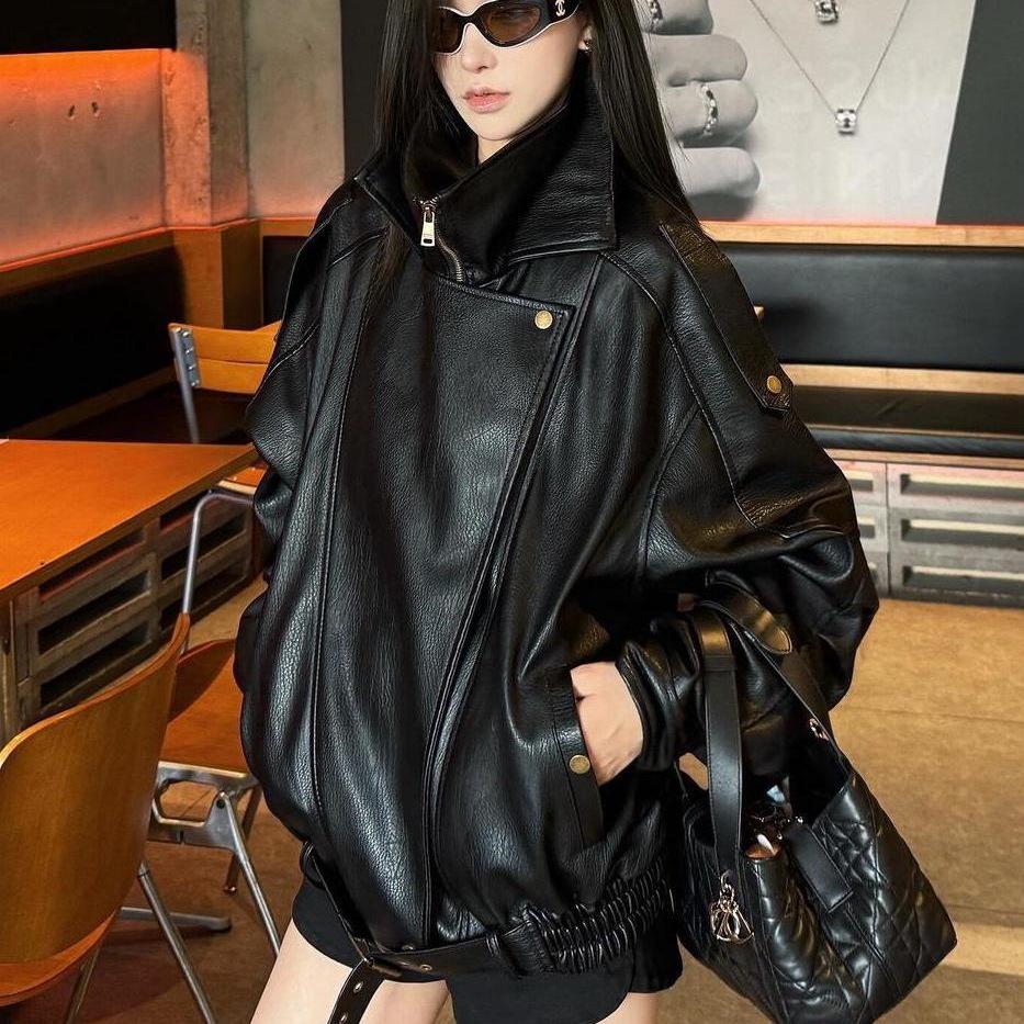 Hongkongská retro kožená bunda Bad Boy pro ženy - Podzimní, Volná, Všestranná, Zeštíhlující design