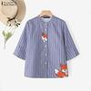 ZANZEA Women Striped Shirt Stand Collar 3/4 Sleeve Print Button Down Casual Blouse Tops
