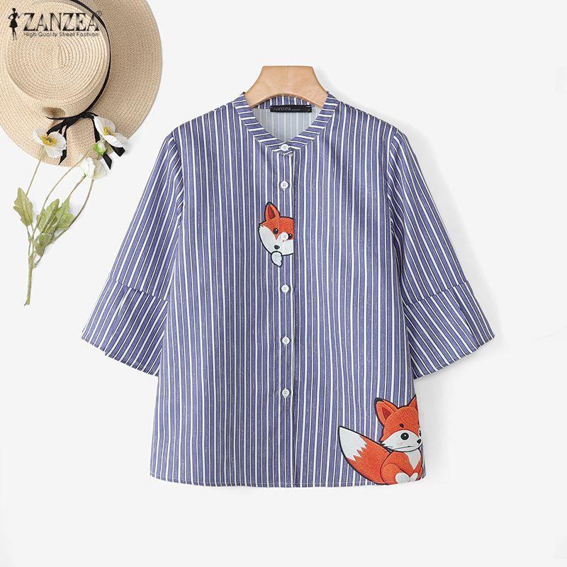 ZANZEA Women Striped Shirt Stand Collar 3/4 Sleeve Print Button Down Casual Blouse Tops