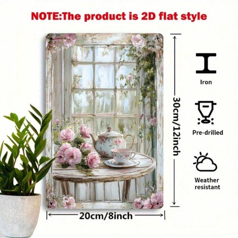 Vintage Metal Wall Art Roses Tea Set Waterproof Painting