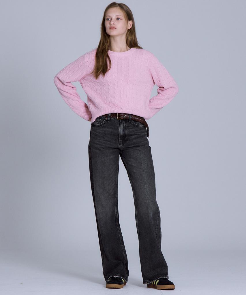 BASIC HOUSE Women'S Cable Round Neck Crop Knit Pink Lykt7201