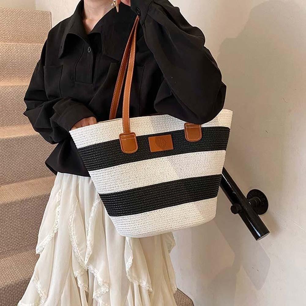 Lightweight Stripe Woven Tote Bag Polyester Summer Beach Handbag Shopping Straw Bag  School