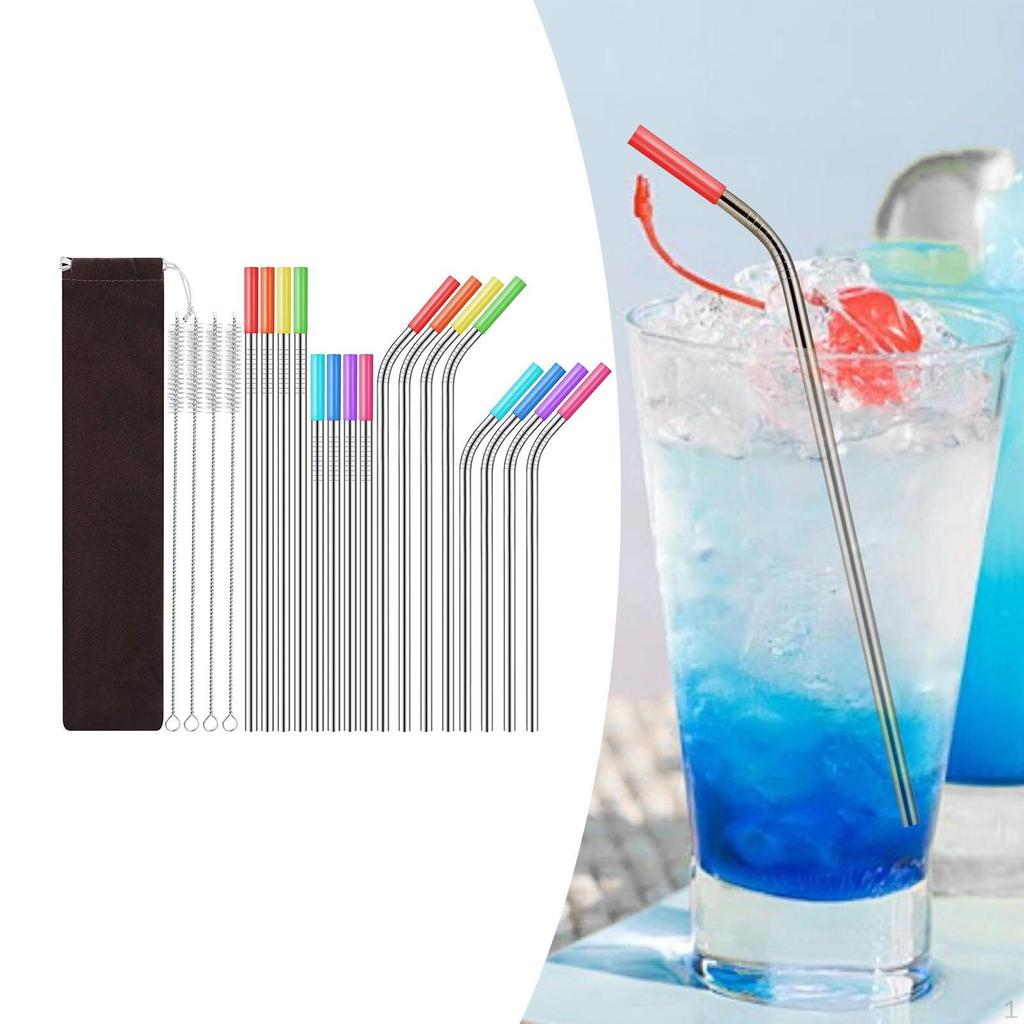 16 Pieces Metal Straws, Colorful Travel with Cleaning Brush Stainless Steel Straw Set Reusable