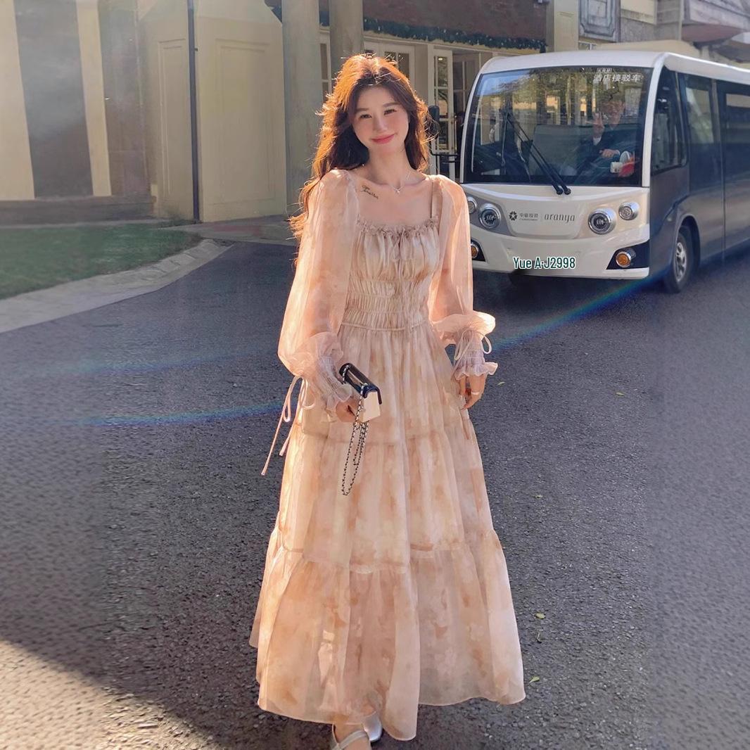 

Women s Floral Chiffon Dress with French Square Neck & Puff Sleeves - Spring/Autumn Mori Girl Style Large